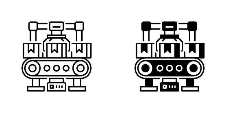 Conveyor Belt Line Icon, Outline Symbol for Package Sorting, Material Handling, Factory Logistics, Production Flow, and Warehouse Distribution. Vector Sign Icon.