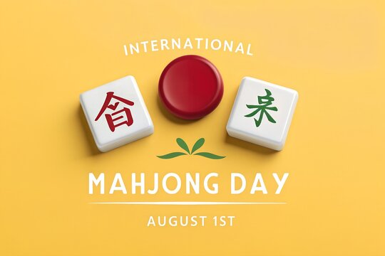 Two white mahjong tiles with red and green chinese characters sitting beside a circular red button on a yellow surface celebrating the annual international mahjong day holiday in this photo.