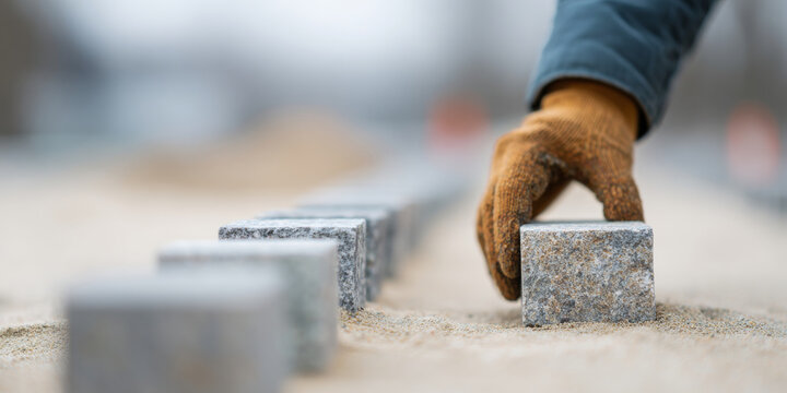 Worker placing granite paving stones outdoors