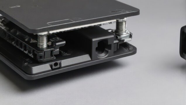 Close-up of a disassembled electronic device showing internal components and connections.