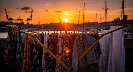 Obraz premium Clothes Drying in the Sunset Harbor.