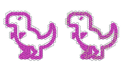 Two purple dinosaur silhouettes made of beads. Each figure stands upright, simple and playful. Bright hue contrasts with plain white background. Ideal for children's designs or cartoon projects © LarisaM