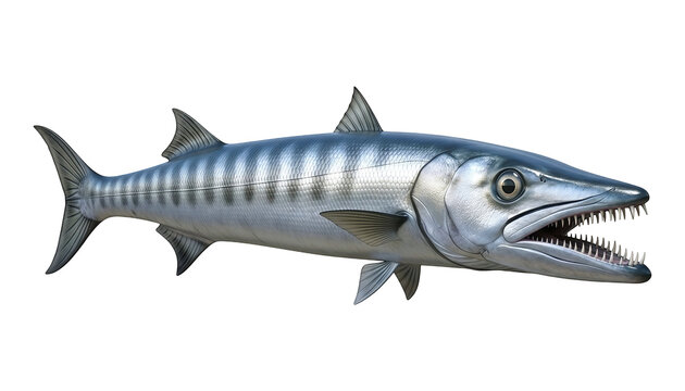 A king mackerel fish with sharp teeth on an isolated transparent background