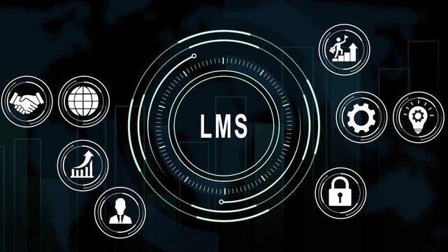 Learning management system lms digital interface concept featuring animated business and global education technology network connectivity for corporate training and
