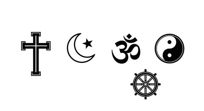 Religious symbols from different cultures and faiths.