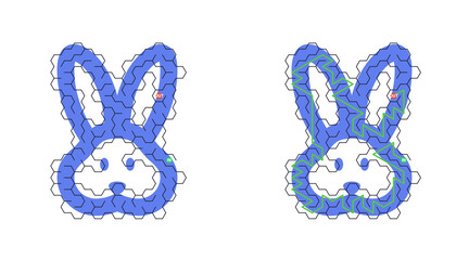 Blue hexagon pattern forms two cartoon bunnies. Each face has simple eyes and a smiling nose. Left bunny is solid blue, right one has green outlines. Both ears are tall and upright © LarisaM