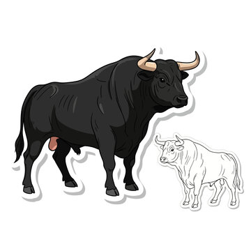 Two bulls, one black and detailed, the other a small outline