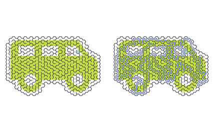 Green van shape maze pattern. Wavy lines form a stylized vehicle. Perfect for games or design projects. Bright, playful, and eye-catching. Ideal for kids, travel, or adventure themes © LarisaM
