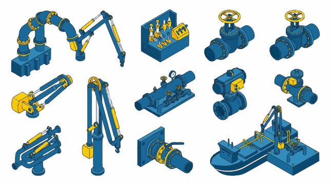 Collection of industrial valves and machinery components.