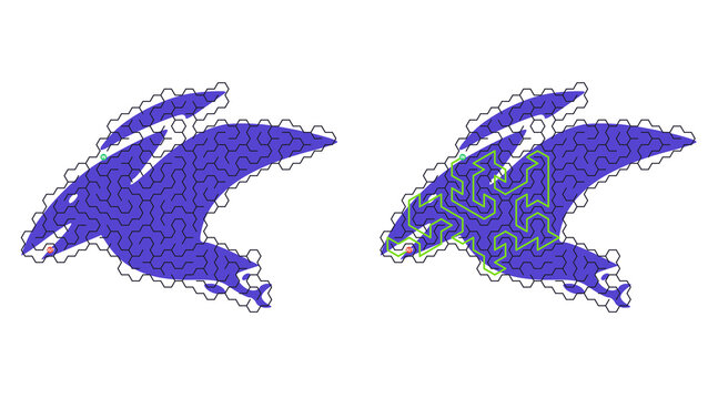 Blue bird silhouette with intricate mosaic pattern. Dotted outlines define its form, showing motion. Geometric design overlays wings and body. Perfect for modern art or tech-themed visuals