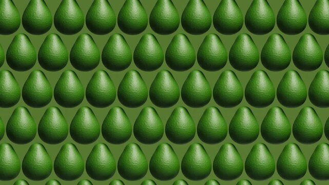Seamless loop of avocado pattern rotating to reveal sliced halves with seed on green background. Flat lay food animation. Perfect for healthy food, vegan, and lifestyle brands.