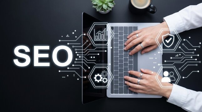 Top View of an Entrepreneur Using a Laptop for SEO Optimization with Digital Marketing Strategy, Cyber Security, and Data Privacy Icons