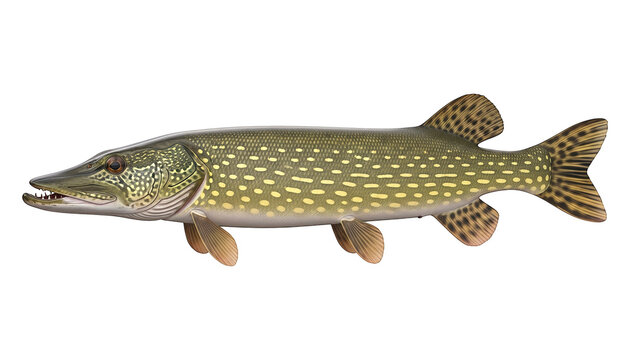 A northern pike fish with yellow spots on a transparent background