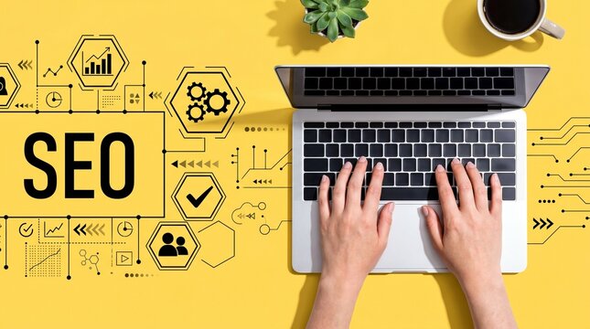 Top-Down View of a Specialist Typing on a Laptop with Technical SEO Audit Diagrams, Business Flowcharts, and a Yellow Background