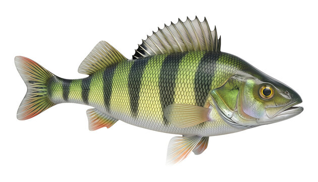 A vibrant green and black striped perch fish isolated on a transparent background