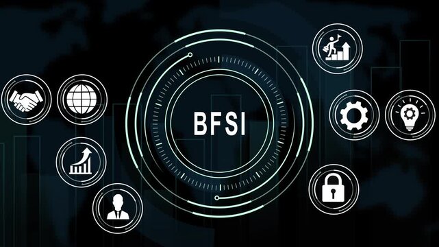 Bfsi banking financial services and insurance digital hud interface concept with animated business and global network connectivity data visualization for corporate