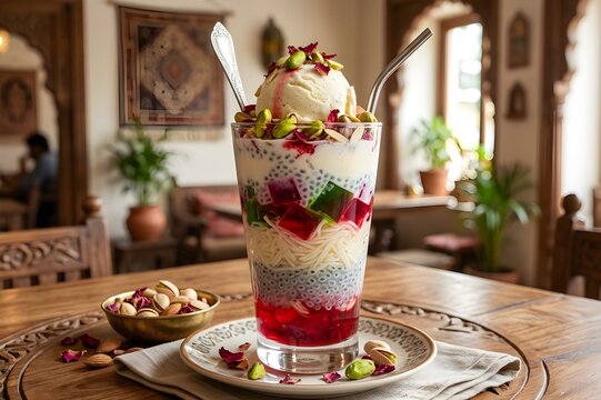  falooda dessert ice cream with colorful jelly
