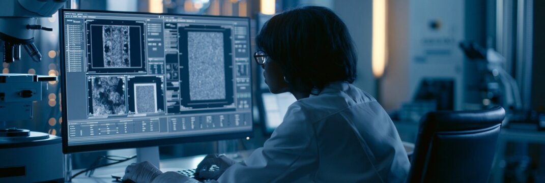 Operator analyzing Xray imaging results of highpurity nuclear graphite billets highlighting the nondestructive evaluation process in a controlled lab environment.