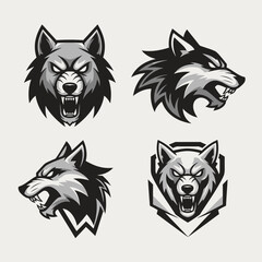 Fototapeta premium Four Fierce Wolf Heads, Aggressive Animal Emblems, Mascot Logos, Vector Art