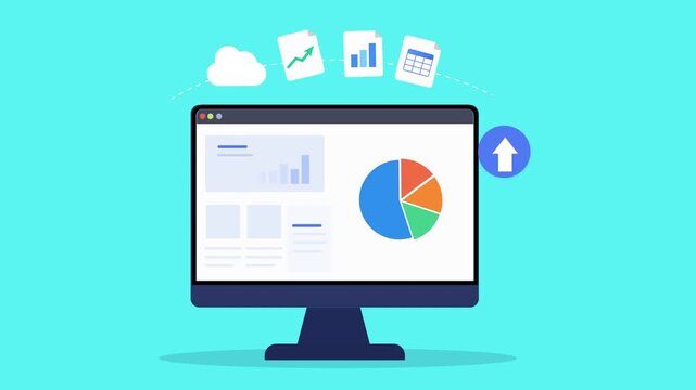 Animated flat dashboard interface featuring pie chart analytics, upload action icon, desktop monitor, and modern business technology scene.
