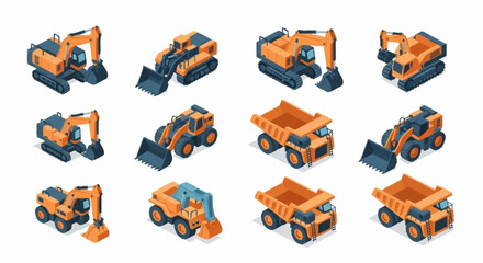 Collection of heavy construction vehicles icons. © Dani