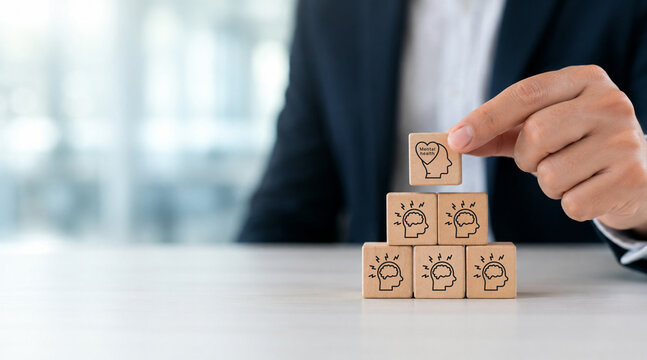 Stress management and emotional support, Mental health management concept. Mental health block above stress icons. Leadership, prevention, prioritizing employee well-being and healthy workplace.
