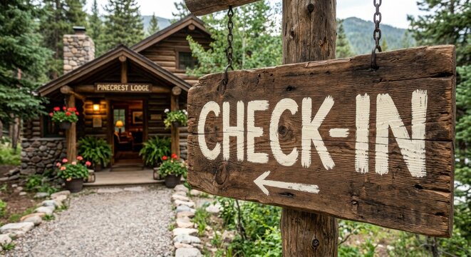 Wooden sign points left for check-in at Pinecrest Lodge surrounded by trees and mountains in a rural area