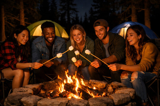 Group of friends roasting marshmallows around a campfire at night