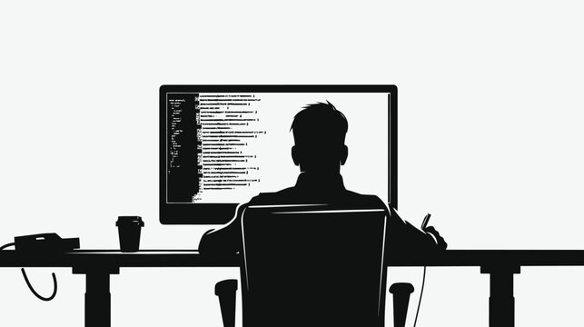 Silhouette of person working at computer with code on screen