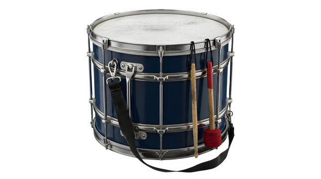 A blue snare drum with silver hardware and drumsticks on a transparent background