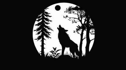 Fototapeta premium Silhouette of a howling wolf with moon and trees in a circular frame design