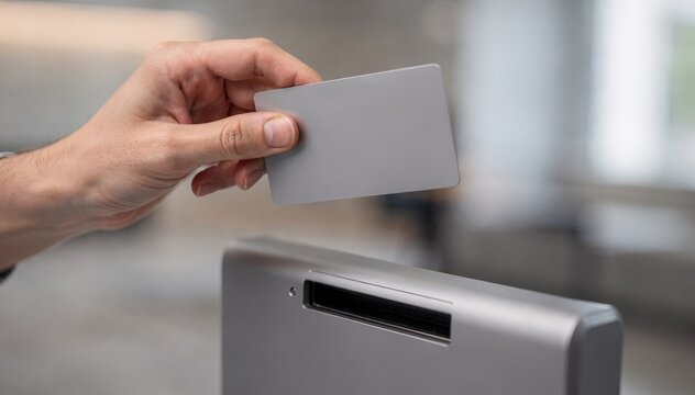 Hand holding a magnetic key card above a card reader slot shot medium with the surrounding area out of focus to emphasize technology.