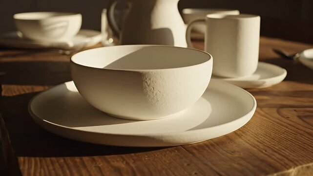 A close-up of a white ceramic bowl resting on a saucer atop a rustic wooden table under warm ambient light