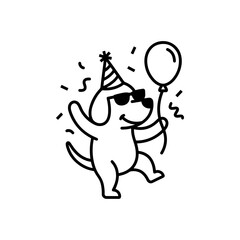 Fototapeta premium A minimalist vector illustration of a cute dog wearing sunglasses and a party hat, holding a balloon amidst falling confetti. Ideal for celebration cards, web icons, and stickers.