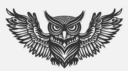 Obraz premium Intricate black and white owl illustration with spread wings on a white background
