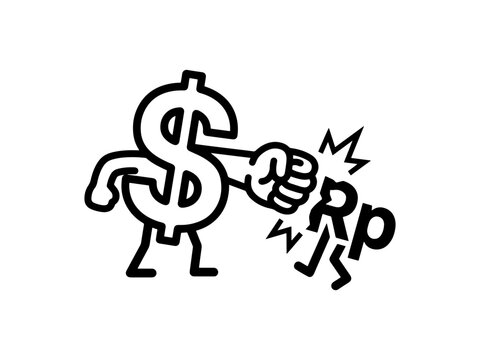Black and white vector illustration of a US dollar sign punching an Indonesian Rupiah symbol, representing currency exchange fluctuations and economic competition.