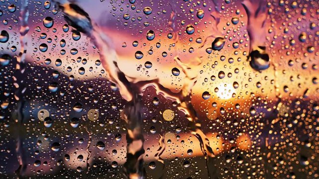 Colorful sunset sky through heavy rain droplets on window glass