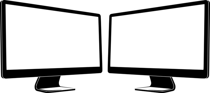 Two modern computer display monitors with blank white screen facing each other, isolated on transparent background
