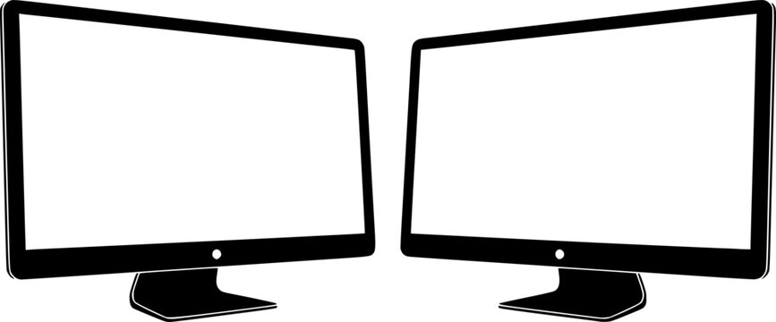 Two modern computer display monitors with blank white screen facing each other, isolated on transparent background

