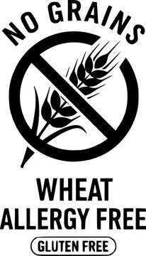 No grains symbol wheat allergy free label logo for food products gluten free icon certification mark.
