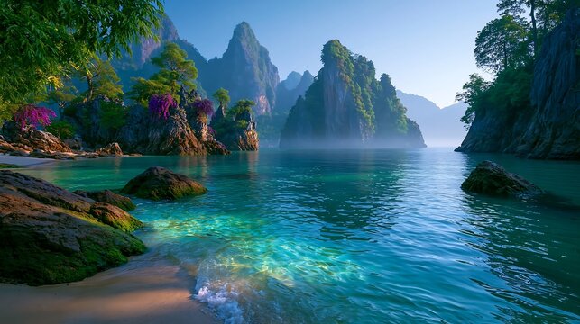 Single tree islet in a turquoise tropical bay with limestone cliffs