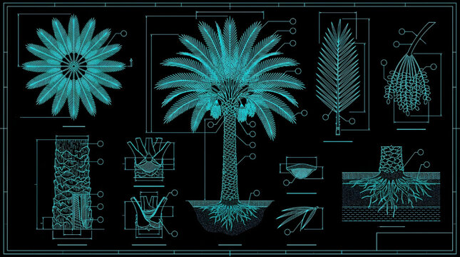 Palm Tree Blueprint Technical Drawing Vector Set Multi View Cyan Outline on Black Background