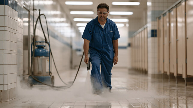 Custodial worker steam-cleans bathroom floor grout in a commercial building restroom, industrial steam machine trailing a hose, protective goggles on, fluorescent overhead lighting reflecting off we
