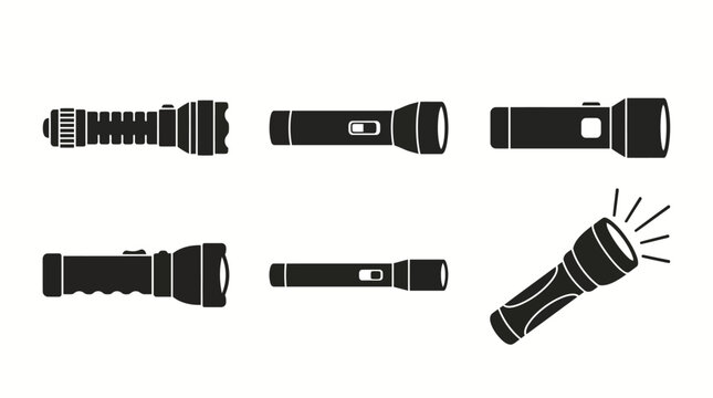 Collection of six black silhouette icons of flashlights showing different designs, shapes, grips, and one illuminated version with light rays