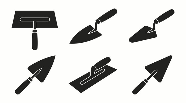 Collection of six black silhouette icons of masonry tools including plastering and pointing trowels showing different shapes and construction design variations