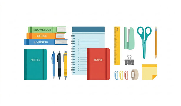 Minimal school education sticker set stationery objects vector illustration isolated white background