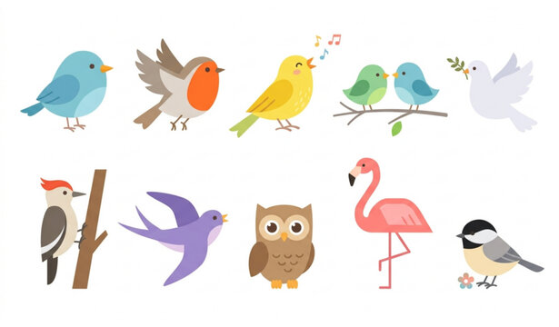 Minimal spring birds set cartoon vector illustration isolated white background