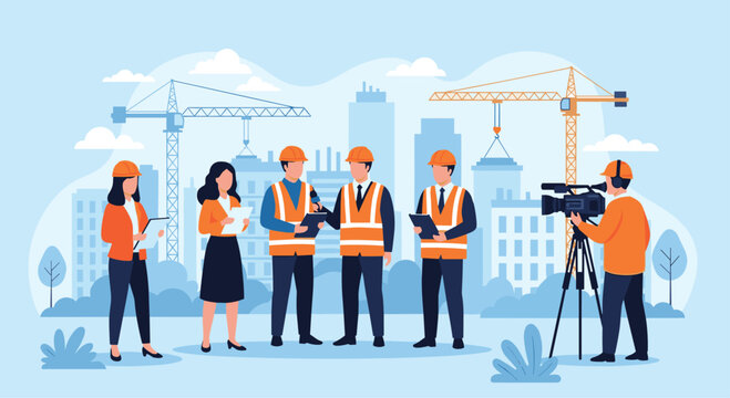 Television news crew interviewing a group of engineers and construction workers at an urban building site.