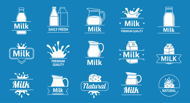 Comprehensive collection of white milk and dairy product logo templates on a solid blue background for branding design.