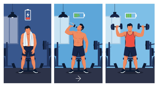 Three stages of fitness showing an exhausted man recovering with water and then successfully lifting heavy dumbbells at the gym.